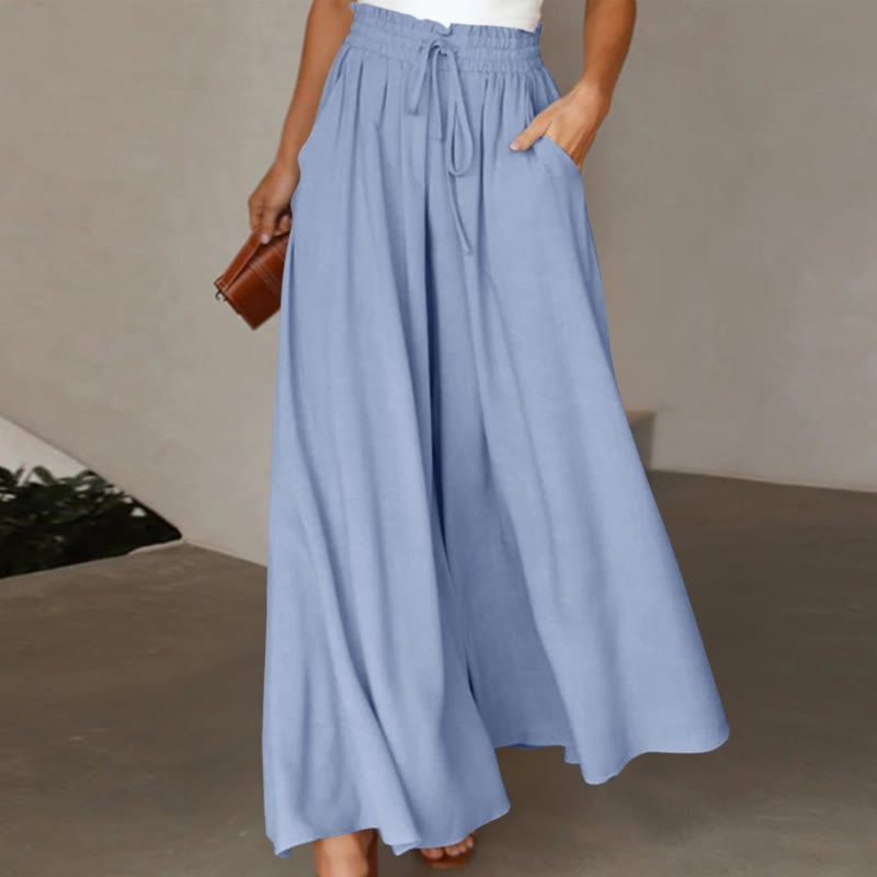 Elegant Solid Elastic Drawstring Waist Pocket Wide Leg Pants - Blue - 2XL - image 4