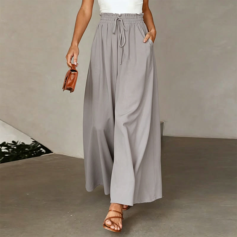 Elegant Solid Elastic Drawstring Waist Pocket Wide Leg Pants - Grey - 2XL - image 2