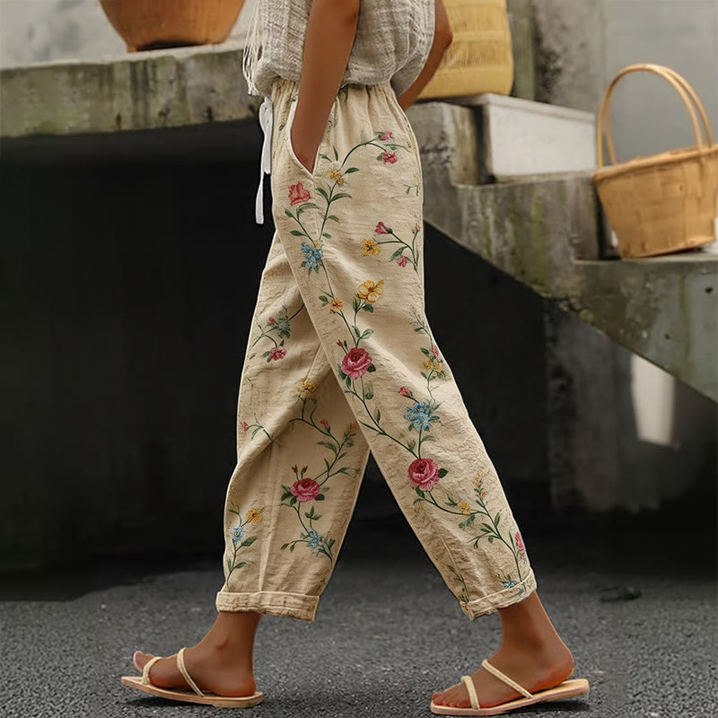 Vintage Floral Print Casual Pocket Pants  - Khaki - 5XL - image 1