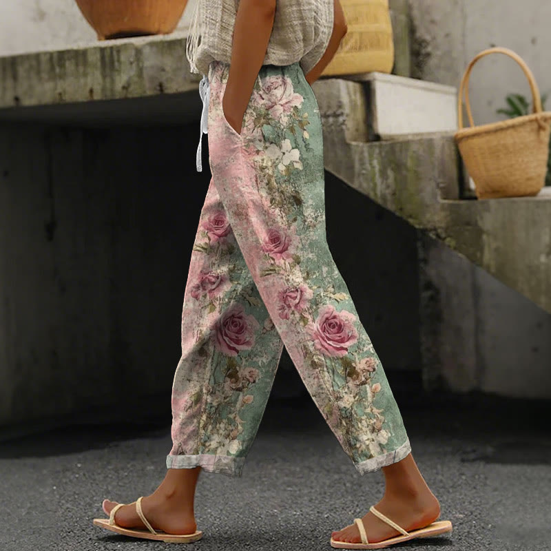Artistic Floral Print Casual Pocket Pants - Multicolor - 5XL - image 1