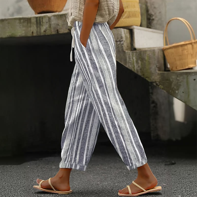 Casual Vertical Stripe Print Casual Pocket Pants - Grey - 5XL - image 1