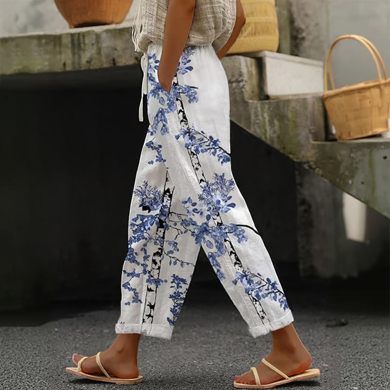 White & Blue Floral Print Casual Pocket Pants - White - 5XL - image 1