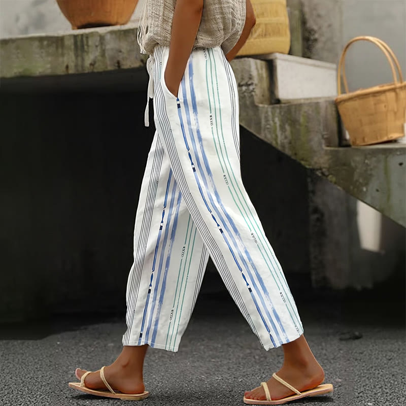 Casual All-match Striped Print Casual Pocket Pants - White - 5XL - image 2