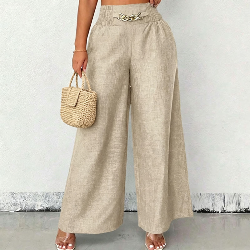 Soid Loose Fit Metal Embellishment Elastic Waist Wide-leg Pants - Apricot - XL - image 2
