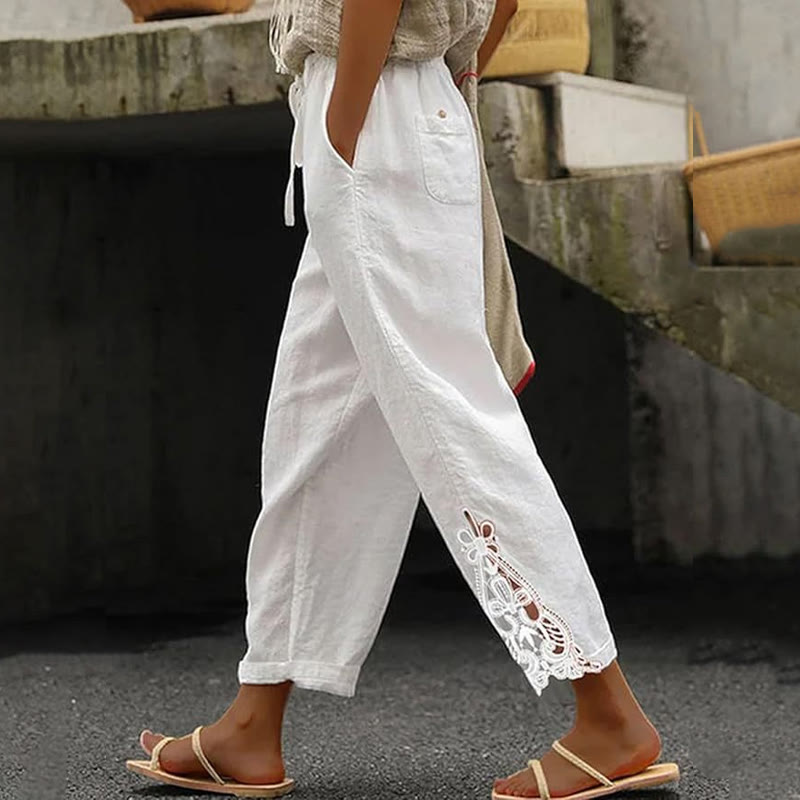 Elegant Solid Lace-trimmed Cuffs Pocket Loose-fitting Drawstrings Pants - White - 2XL - image 1