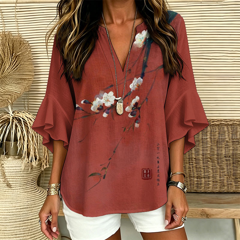 Vintage Plum Blossom Art Print V Neck Half Sleeve Blouse - image 1