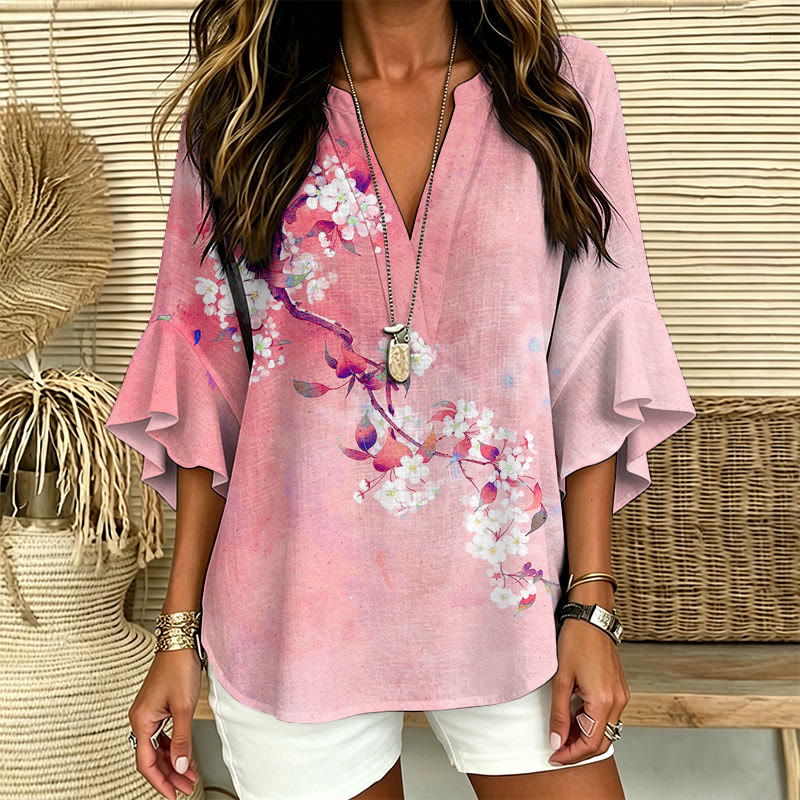 Japanese Antique Pear Blossom Ink Painting Print V-neck Half Sleeve Blouse - image 9