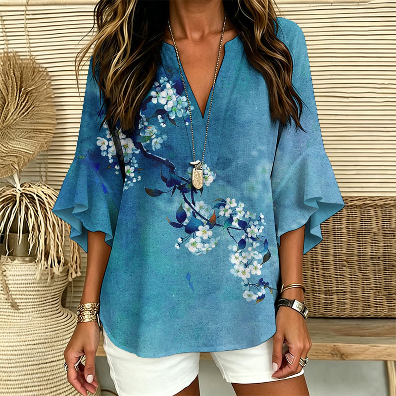 Japanese Antique Pear Blossom Ink Painting Print V-neck Half Sleeve Blouse - image 3