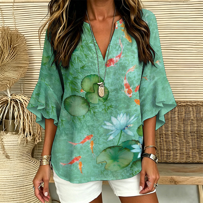 Japanese Koi Art Print V-neck Half Sleeve Blouse - image 1