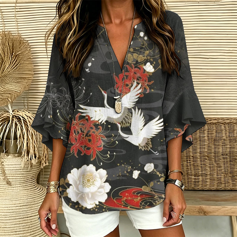 Japanese Peony And Crane Print V-neck Half Sleeve Blouse - image 1