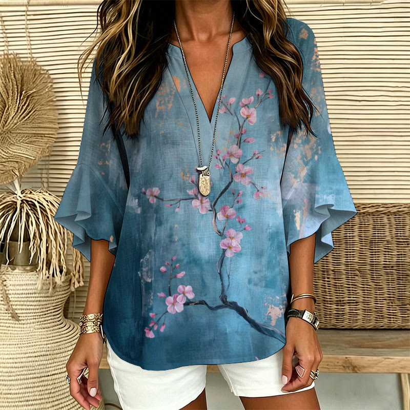 Retro Peach Blossom Oil Painting Print V-neck Half Sleeve Blouse - image 1