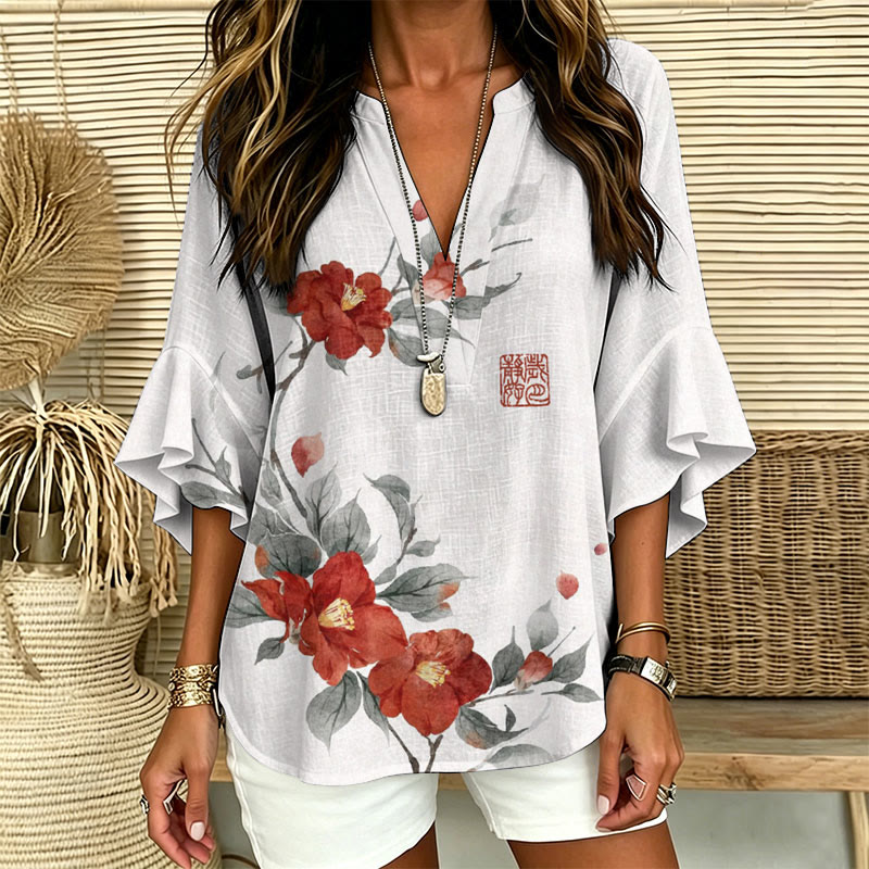 Japanese Watercolor Camellia Pattern Print V-neck Half Sleeve Blouse - image 1