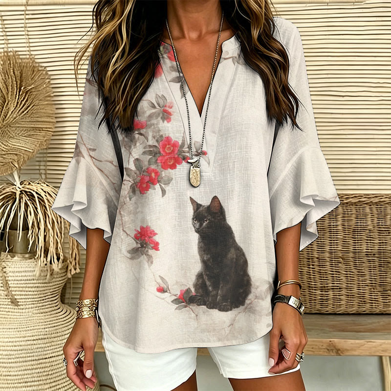 Vintage Black Cat And Camellia Prints Prints Pattern Ink Print V-neck Half Sleeve Blouse - image 1
