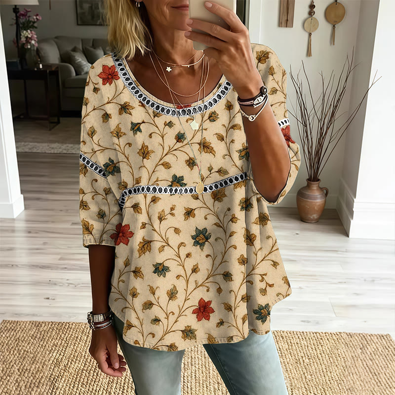 Vintage Floral Leaf Print Openwork Lace Splicing Round Neck Half Sleeve Blouse - Yellow - 4XL - image 1