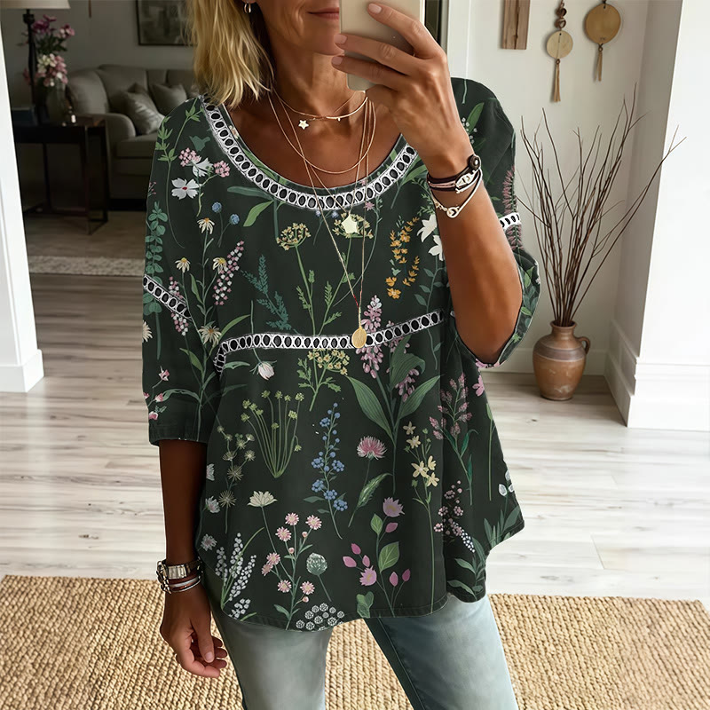 Boho Green Retro Pattern Print Openwork Lace Splicing Round Neck Half Sleeve Blouse - Dark Green - 4XL - image 1