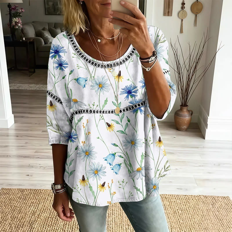 Weekend Vacation Floral Print Openwork Lace Splicing Round Neck Half Sleeve Blouse - White - 4XL - image 1