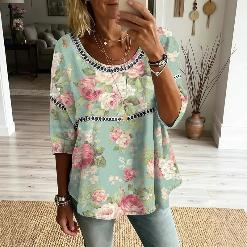 Romantic Garden Flower Print Openwork Lace Splicing Round Neck Half Sleeve Blouse - Green - 4XL - image 1