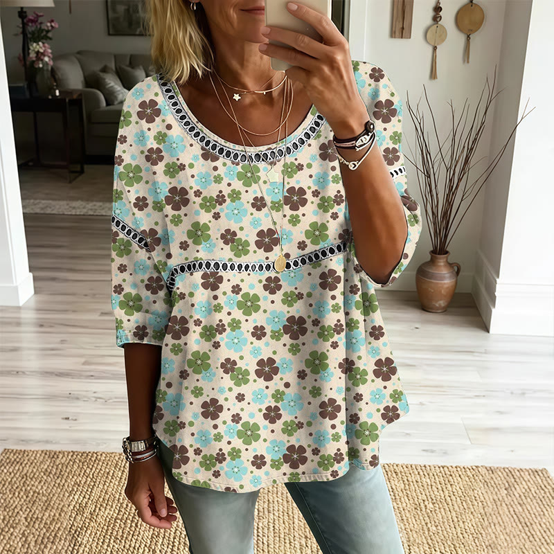 Vintage Small Floral Print Openwork Lace Splicing Round Neck Half Sleeve Blouse - Apricot - 4XL - image 1