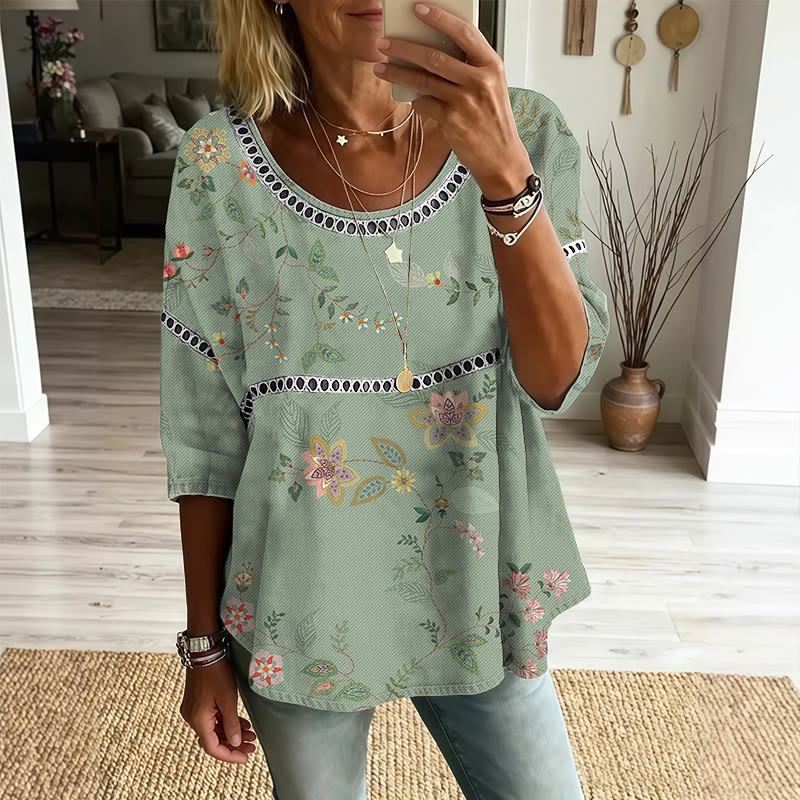Spring Fresh Nature Print Openwork Lace Splicing Round Neck Half Sleeve Blouse - Green - 4XL - image 1