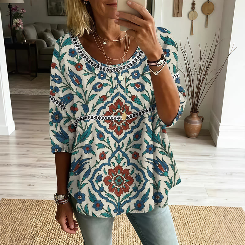 Retro Botanical Print Openwork Lace Splicing Round Neck Half Sleeve Blouse - Green - 4XL - image 1