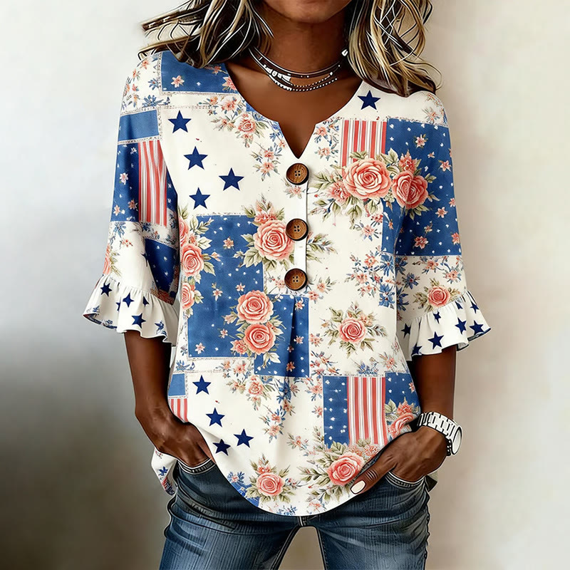 Vintage Independence Day Floral Patchwork Pattern Print Button V-neck Blouse With Ruffle Sleeves - Apricot - 5XL - image 1