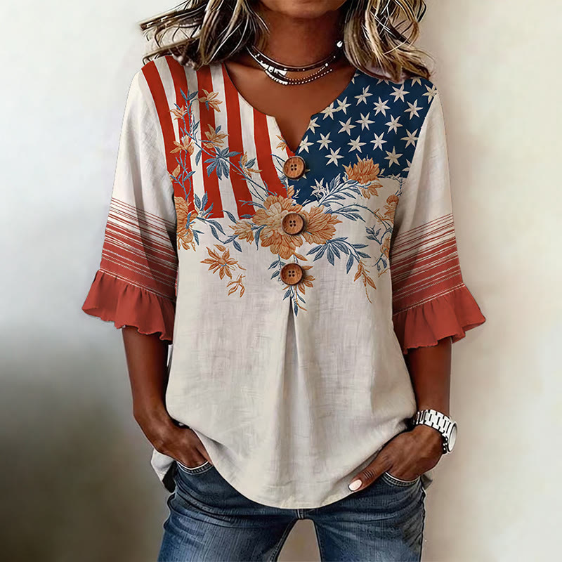 Retro Independence Day Florals Pattern Print Button V-neck Blouse With Ruffle Sleeves - Apricot - 5XL - image 1