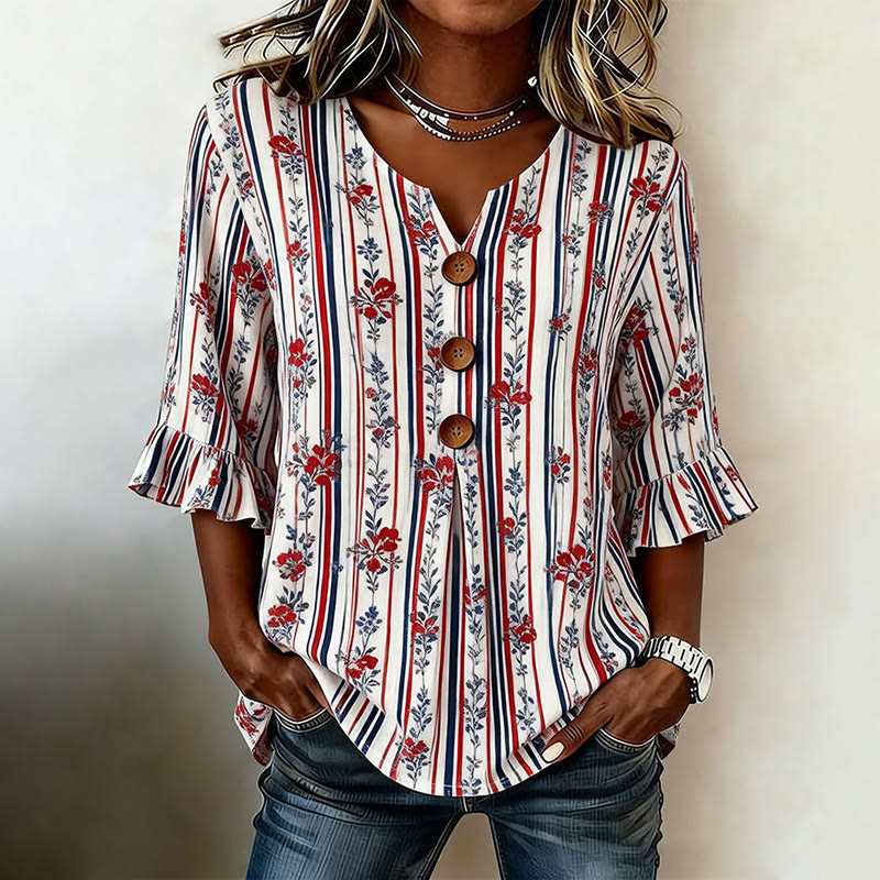 Retro Independence Day Floral Stripes Pattern Print Button V-neck Blouse With Ruffle Sleeves - Apricot - 5XL - image 1
