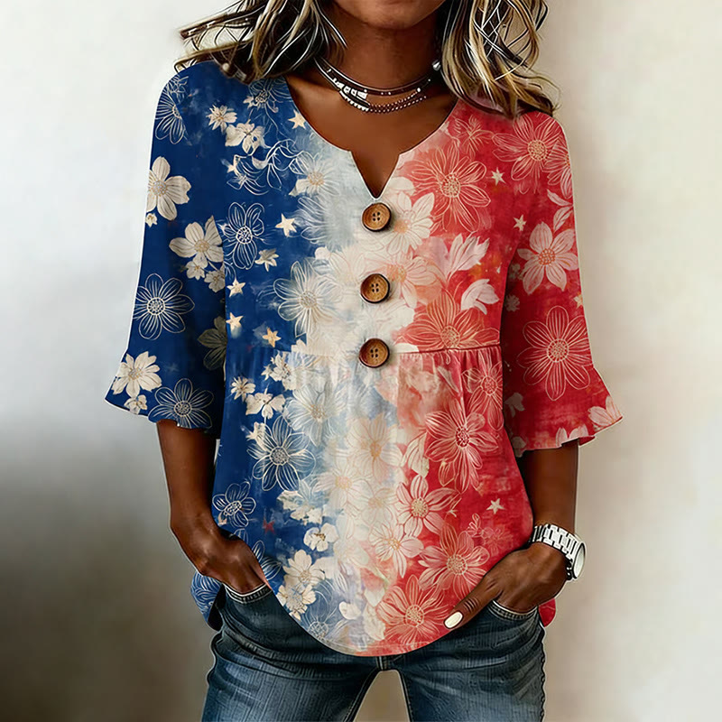 Retro Independence Day Floral Gradient Pattern Print Button V-neck Blouse With Ruffle Sleeves - Apricot - 5XL - image 1