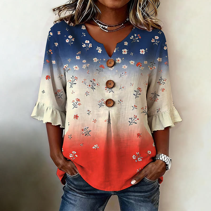 Retro Independence Day Mini Floral Gradient Pattern Print Button V-neck Blouse With Ruffle Sleeves - Apricot - 5XL - image 1