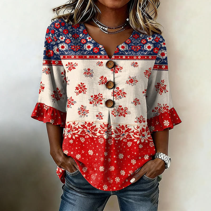 Pastoral Floral Independence Day Blue And Red Pattern Print Button V-neck Blouse With Ruffle Sleeves - Apricot - 5XL - image 1