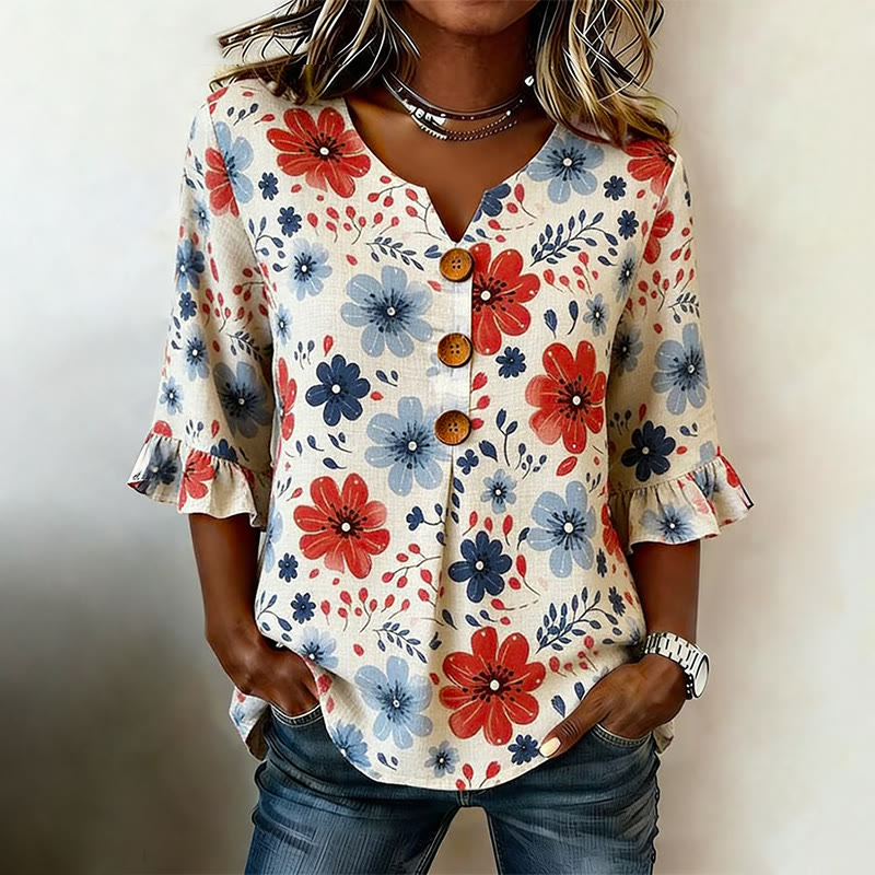 Vintage Independence Day Blue And Red Floral Pattern Print Button V-neck Blouse With Ruffle Sleeves - Apricot - 5XL - image 1