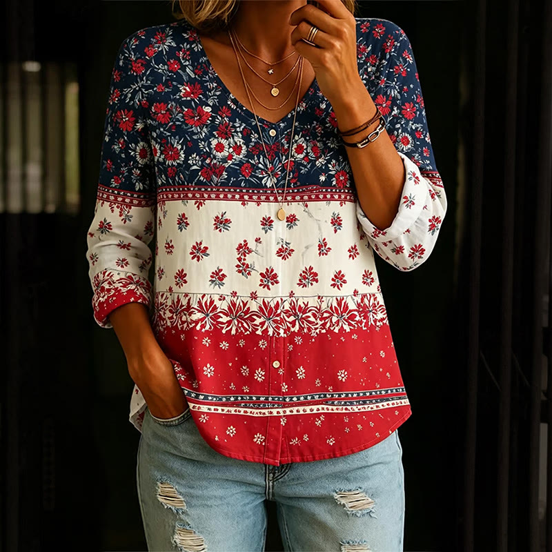 Pastoral Floral Independence Day Blue And Red Pattern Print Button V-Neck A-line Long Sleeve Blouse - Apricot - 4XL - image 1