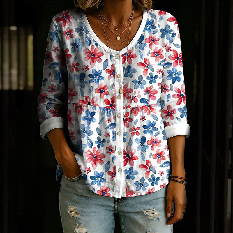 Independence Day Watercolor Blue And Red Flowers Print Button V-neck A-line Long Sleeve Blouse - White - 4XL - image 1