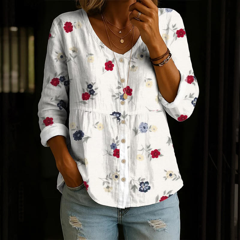 Independence Day Vintage Blue & Red Floral Print Button V-neck A-line Long Sleeve Blouse - White - 4XL - image 1