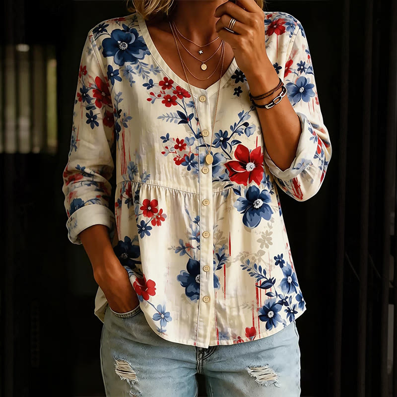 Independence Day Vintage Florals Print Button V-neck A-line Long Sleeve Blouse - Apricot - 4XL - image 1