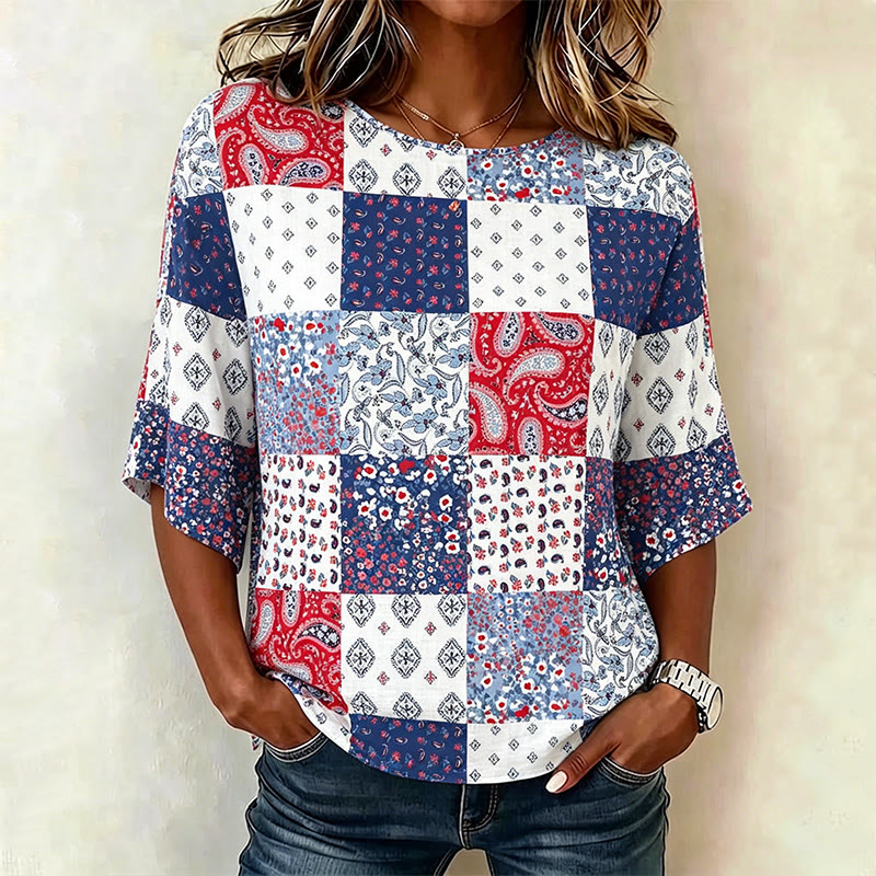 Vintage Independence Day Paisley Patchwork Print 3/4 Sleeve Casual Blouse - White - 4XL - image 1