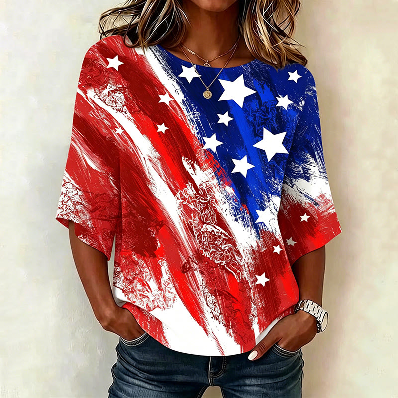 Independence Day Flag Stars Print 3/4 Sleeve Casual Blouse - White - 4XL - image 1