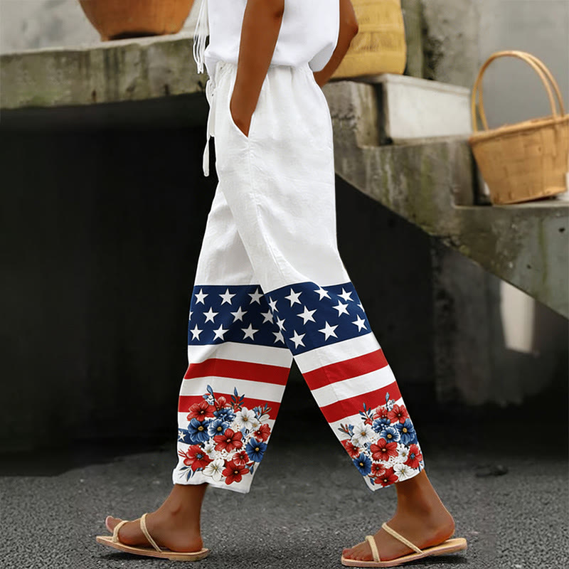 Independence Day Flag Flowers Print Casual Pocket Pants  - White - 5XL - image 1