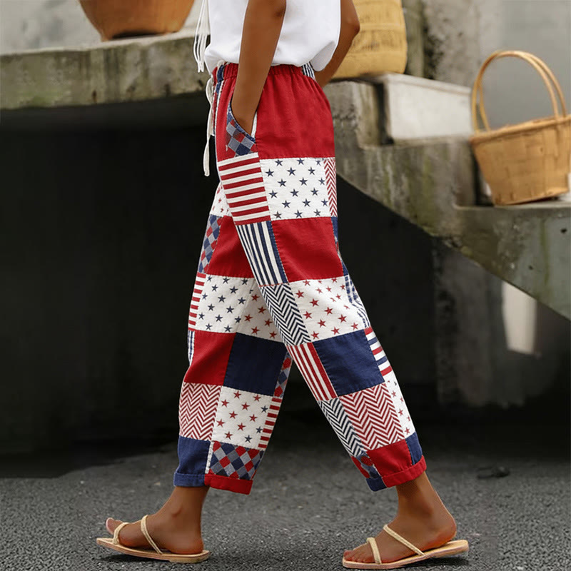 Independence Day Star And Plaid Patchwork Print Casual Pocket Pants  - White - 5XL - image 1