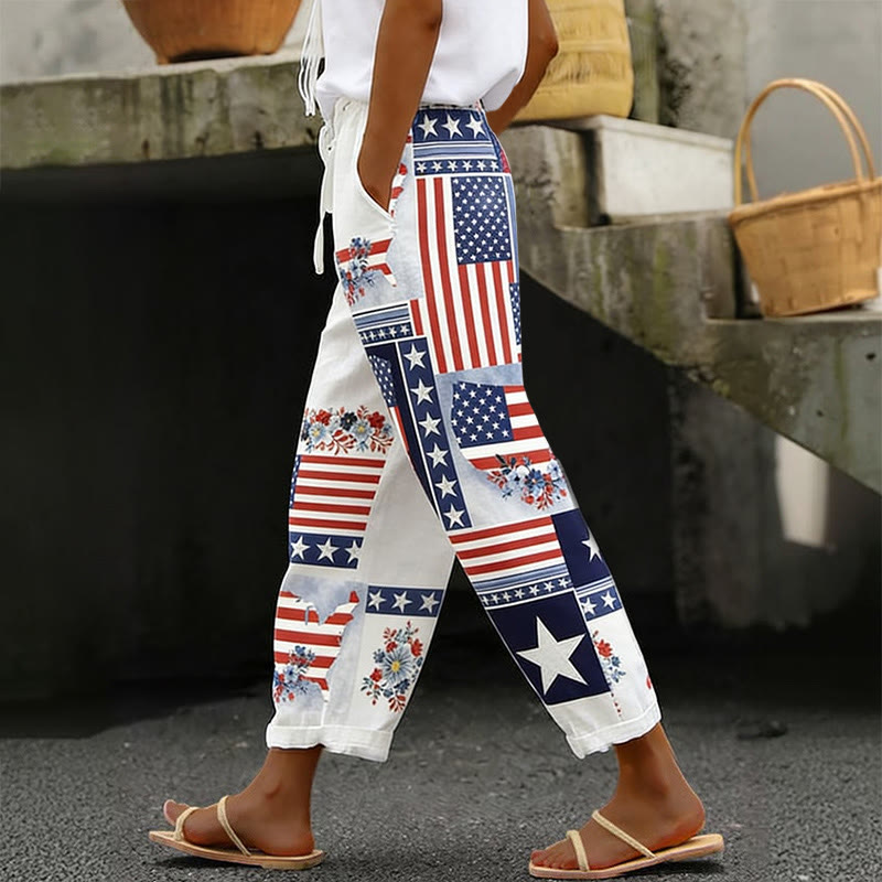 Independence Day Star-and-flag Patchwork Print Casual Pocket Pants  - White - 5XL - image 1