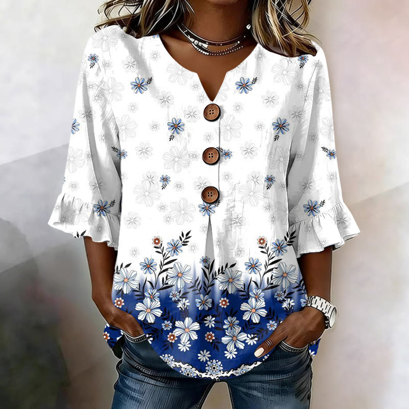 Elegant Ombre Floral Print Button V-neck Blouse With Ruffle Sleeves - White - US32-34(5XL) - image 1