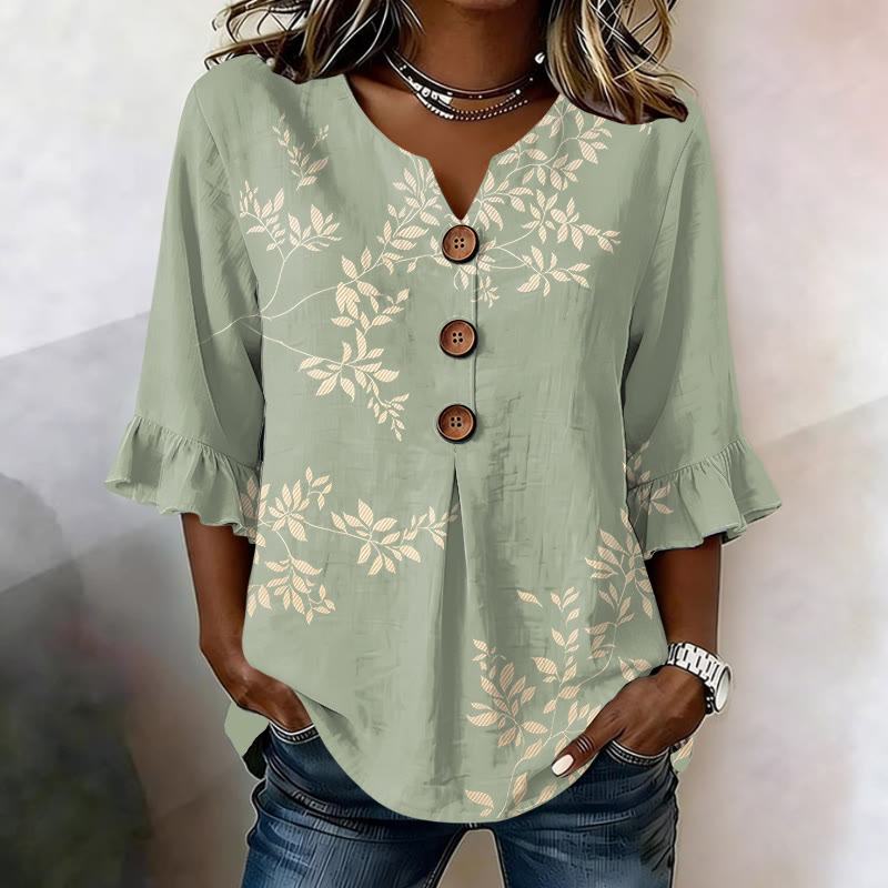Sage Green Leaf Print Button V-neck Blouse With Ruffle Sleeves - Green - US32-34(5XL) - image 1