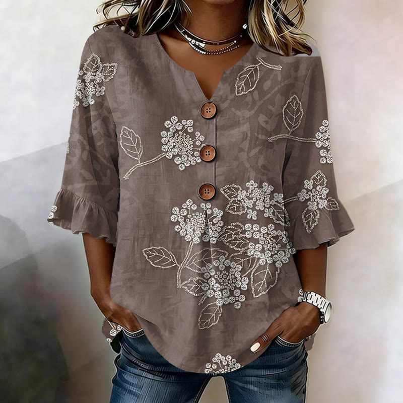 Taupe White Floral Print Button V-neck Blouse With Ruffle Sleeves - Khaki - US32-34(5XL) - image 1