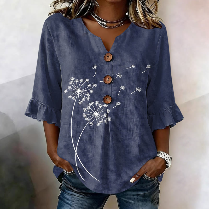 Dandelion Pattern Print Button V-neck Blouse With Ruffle Sleeves - Navy Blue - US32-34(5XL) - image 1