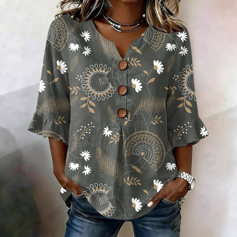 Vintage Ethnic Botanical Print Button V-neck Blouse With Ruffle Sleeves - Grey - US32-34(5XL) - image 1