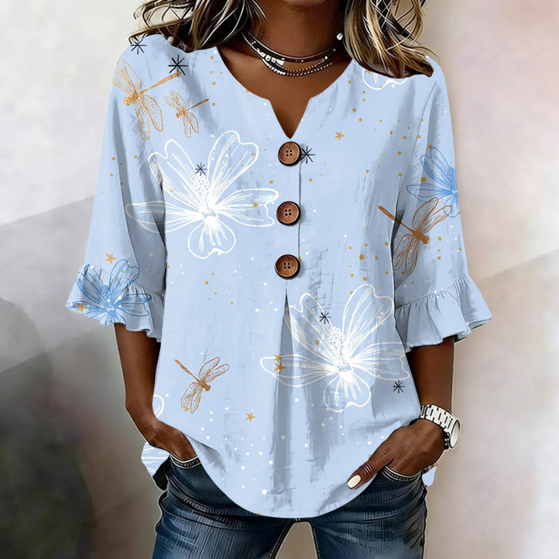 Light Blue Dragonfly Floral Print Button V-neck Blouse With Ruffle Sleeves - Light Blue - US32-34(5XL) - image 1