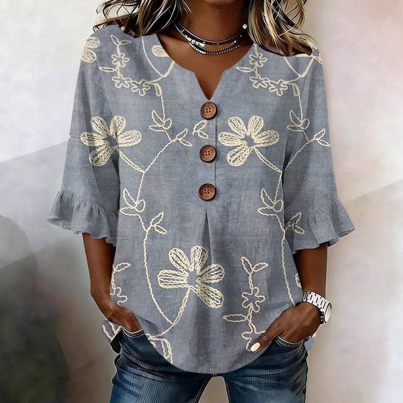 Vintage Floral Cottagecore Print Button V-neck Blouse With Ruffle Sleeves - Grey - US32-34(5XL) - image 1