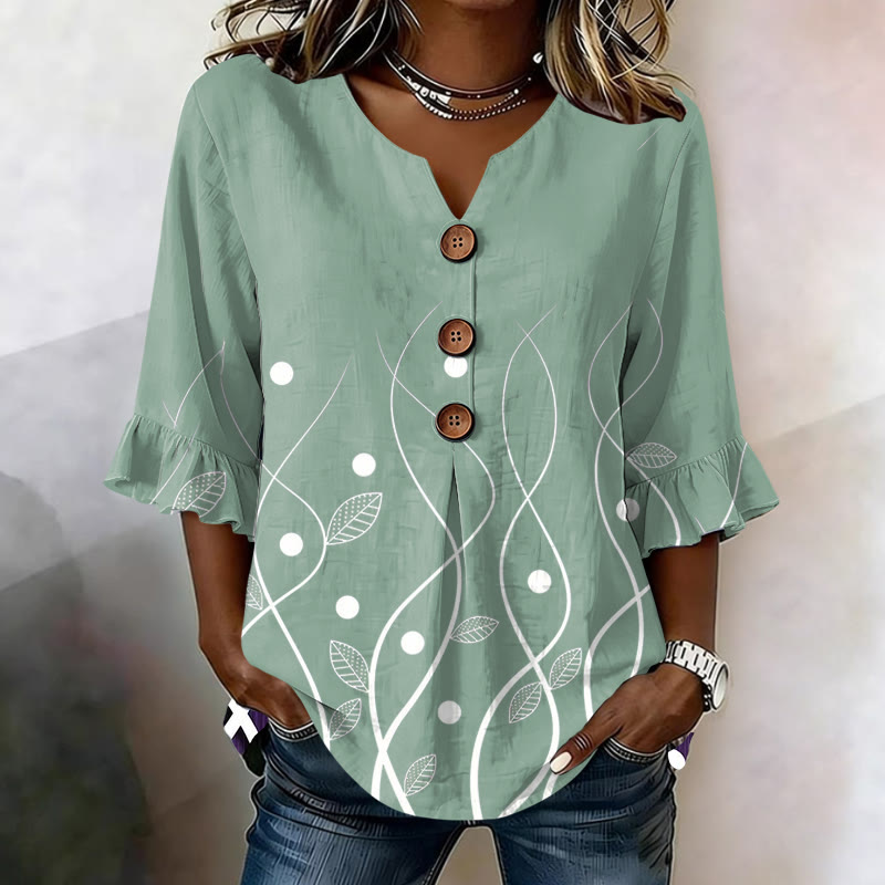 Fresh Simple Leaf Dot Print Button V-neck Blouse With Ruffle Sleeves - Green - US32-34(5XL) - image 2