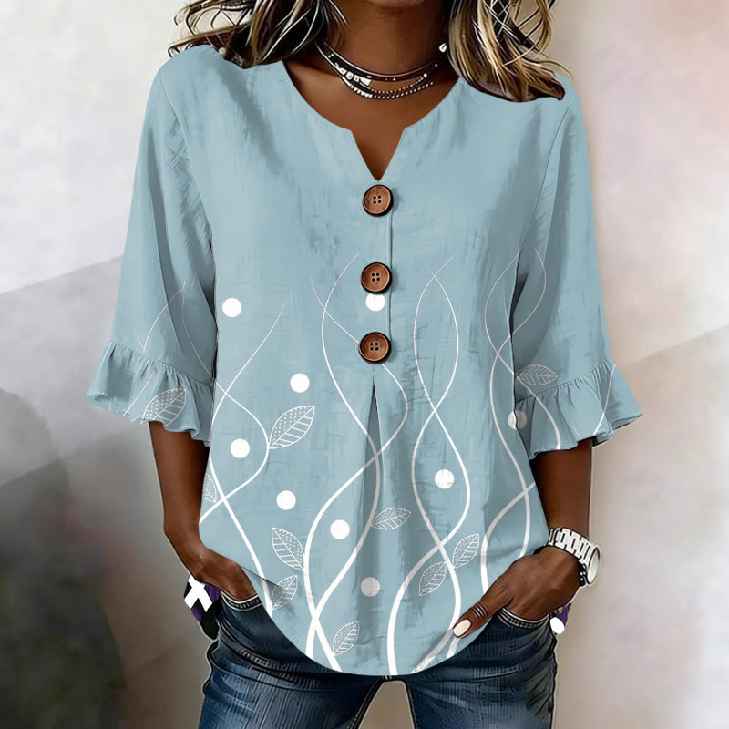 Fresh Simple Leaf Dot Print Button V-neck Blouse With Ruffle Sleeves - Sky Blue - US32-34(5XL) - image 1