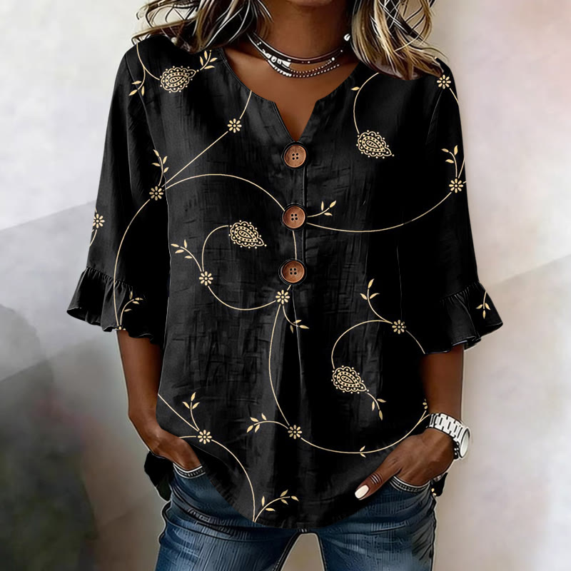 Green Vintage Botanical Print Button V-neck Blouse With Ruffle Sleeves - Black - US32-34(5XL) - image 2